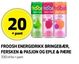 Bunnpris Froosh energidrikk bringebær, fersken & pasjon og eple & pære tilbud