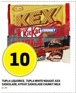 Bunnpris Tupla liquorice, Tupla white nougat, Kex sjokolade, Kitkat sjokolade chunky milk tilbud