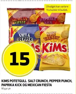 Bunnpris Kims potetgull Salt crunch, Pepper punch, Paprika kick og Mexican fiesta tilbud