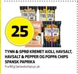 Bunnpris Sørlandschips Tynn & Sprø kremet aioli, havsalt, havsalt & pepper og poppa chips spansk paprika tilbud