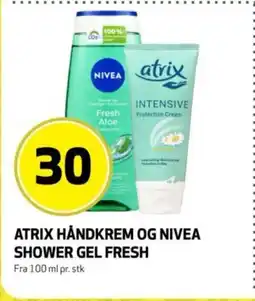 Bunnpris Atrix håndkrem og Nivea shower gel fresh tilbud