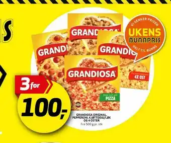 Bunnpris Grandiosa Original Pepperoni Kjøttdeig/Løk Og 4 Oster tilbud