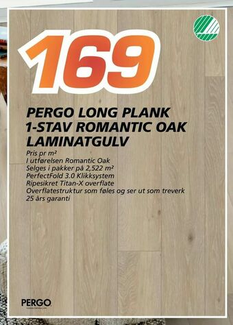 Coop Byggmix Pergo long plank 1-stav romantic oak laminatgulv tilbud