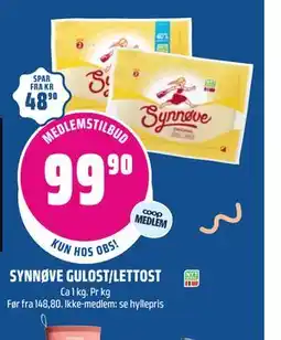 Coop Obs SYNNØVE GULOST/LETTOST, Medlemspris tilbud