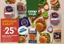 Coop Mega STORT UTVALG BURGERE/ SPESIALPØLSER tilbud