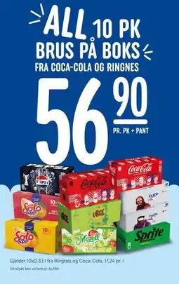 Rema 1000 ALL 10 PK BRUS PÅ BOKS FRA COCA-COLA OG RINGNES tilbud