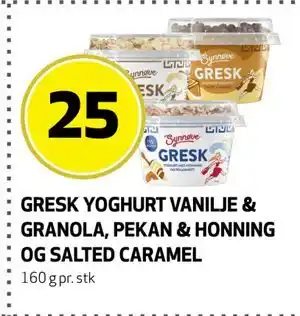Bunnpris GRESK YOGHURT VANILJE & GRANOLA, PEKAN & HONNING OG SALTED CARAMEL tilbud