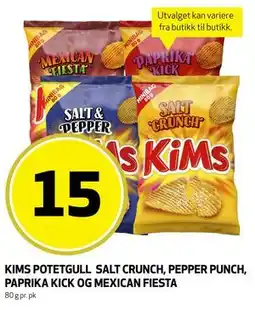 Bunnpris KIMS POTETGULL SALT CRUNCH, PEPPER PUNCH, PAPRIKA KICK OG MEXICAN FIESTA tilbud