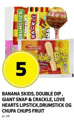 Bunnpris BANANA SKIDS, DOUBLE DIP , GIANT SNAP & CRACKLE, LOVE HEARTS LIPSTICK,DRUMSTICK OG CHUPA CHUPS FRUIT tilbud
