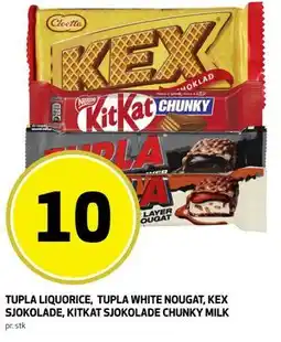 Bunnpris TUPLA LIQUORICE, TUPLA WHITE NOUGAT, KEX SJOKOLADE, KITKAT SJOKOLADE CHUNKY MILK tilbud
