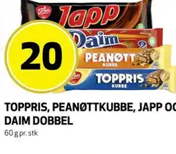 Bunnpris TOPPRIS, PEANØTTKUBBE, JAPP OG DAIM DOBBEL tilbud