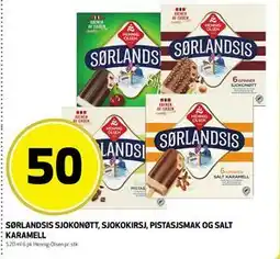 Bunnpris SØRLANDSIS SJOKONØTT, SJOKOKIRSJ, PISTASJSMAK OG SALT KARAMELL tilbud