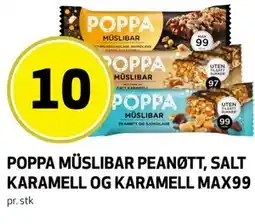 Bunnpris POPPA MÜSLIBAR PEANØTT, SALT KARAMELL OG KARAMELL MAX99 tilbud