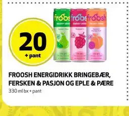 Bunnpris FROOSH ENERGIDRIKK BRINGEBÆR, FERSKEN & PASJON OG EPLE & PÆRE tilbud