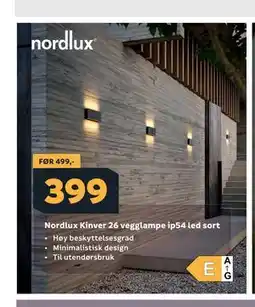Megaflis Nordlux Kinver 26 vegglampe ip54 led sort tilbud