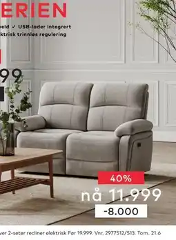 Skeidar Denver 2-seter recliner elektrisk tilbud