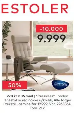 Skeidar Stressless London lenestol m.reg nakke u/krakk tilbud