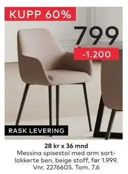 Skeidar Messina spisestol med arm tilbud