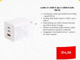 Clas Ohlson Lader 2 x USB-C og 1 x USB-A GaN, 100 W tilbud