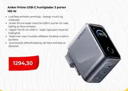 Clas Ohlson Anker Prime USB-C hurtiglader 3 porter 160 W tilbud