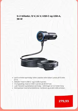 Clas Ohlson 5-i-1 billader, 12 V, 24 V, USB-C og USB-A, 98 W tilbud