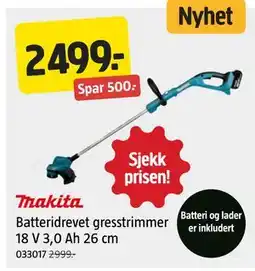 Jula Batteridrevet gresstrimmer 18 V 3,0 Ah 26 cm tilbud
