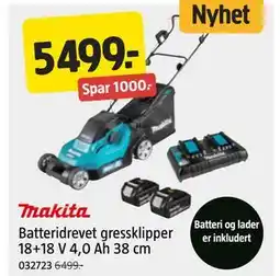 Jula Batteridrevet gressklipper 18+18 V 4,0 Ah 38 cm tilbud