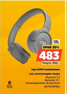 POWER JBL Tune 527bt hodetelefoner lett, sammenleggbar design tilbud