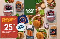 Coop Mega Stort utvalg burgere/ spesialpølser tilbud
