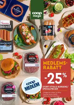Coop Mega Stort utvalg burgere/ spesialpølser tilbud