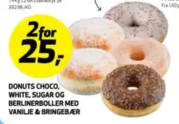 Bunnpris DONUTS CHOCO, WHITE, SUGAR OG BERLINERBOLLER MED VANILJE & BRINGEBÆR tilbud