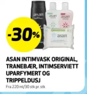 Bunnpris ASAN INTIMVASK ORIGINAL, TRANEBÆR, INTIMSERVIETT UPARFYMERT OG TRIPPELDUSJ tilbud