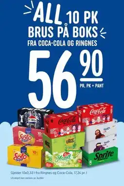 Rema 1000 ALL 10 PK BRUS PÅ BOKS FRA COCA-COLA OG RINGNES tilbud