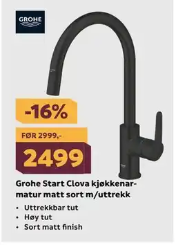 Megaflis Grohe Start Clova kjøkkenarmatur matt sort m/uttrekk tilbud