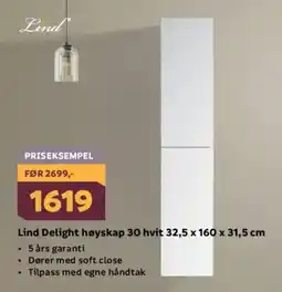 Megaflis LIND Delight høyskap 30 hvit 32,5 x 160 x 31,5 cm tilbud