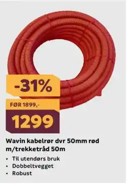 Megaflis Wavin kabelrør dvr 50mm rød m/trekketråd 50m tilbud