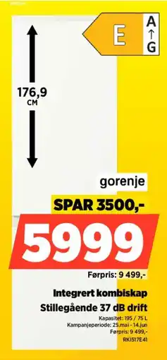 POWER Gorenje Integrert kombiskap Stillegående 37 dB drift tilbud