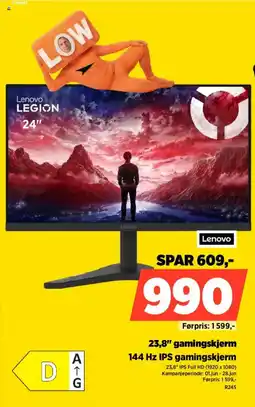 POWER Lenovo 23,8" gamingskjerm 144 Hz IPS gamingskjerm tilbud