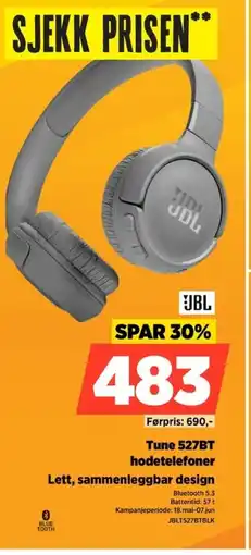 POWER JBL Tune 527BT hodetelefoner Lett, sammenleggbar design tilbud