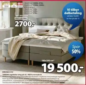 JYSK TONDRA regulerbar seng grå-23 + RESA overmadrass tilbud
