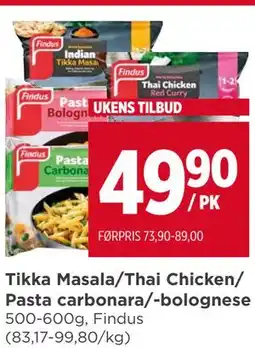 Meny Tikka Masala/Thai Chicken/ Pasta carbonara/-bolognese tilbud