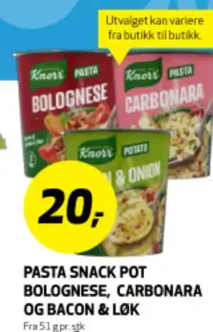 Bunnpris PASTA SNACK POT BOLOGNESE, CARBONARA OG BACON & LØK tilbud