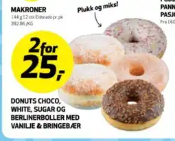 Bunnpris DONUTS CHOCO, WHITE, SUGAR OG BERLINERBOLLER MED VANILJE & BRINGEBÆR tilbud