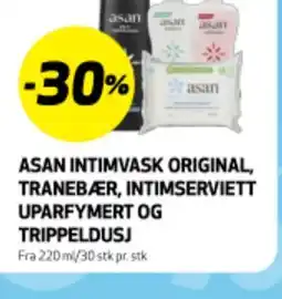 Bunnpris ASAN INTIMVASK ORIGINAL, TRANEBÆR, INTIMSERVIETT UPARFYMERT OG TRIPPELDUSJ tilbud