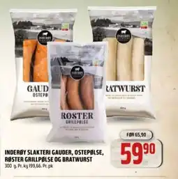 Coop Obs Inderøy slakteri gauder, ostepølse, røster grillpølse og bratwurst tilbud