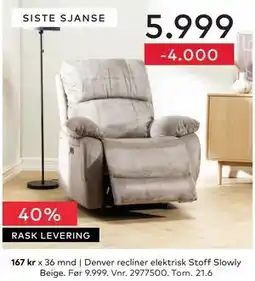 Skeidar Denver recliner elektrisk tilbud
