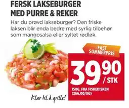Meny FERSK LAKSEBURGER MED PURRE & REKER tilbud