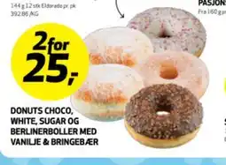 Bunnpris DONUTS CHOCO, WHITE, SUGAR OG BERLINERBOLLER MED VANILJE & BRINGEBÆR tilbud