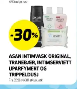 Bunnpris ASAN INTIMVASK ORIGINAL, TRANEBÆR, INTIMSERVIETT UPARFYMERT OG TRIPPELDUSJ tilbud