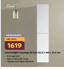 Megaflis Lind Delight høyskap 30 hvit 32,5 x 160 x 31,5 cm tilbud